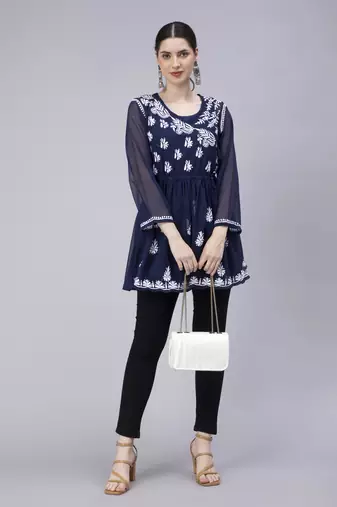 hand embroidered navy blue georgette angarkha with slip