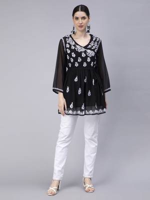 hand embroidered black georgette angarkha with slip 3