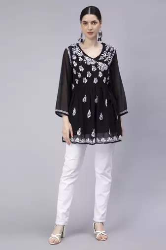hand embroidered black georgette angarkha with slip