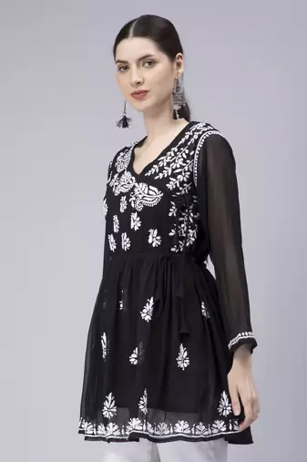 hand embroidered black georgette angarkha with slip