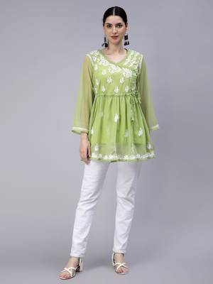 hand embroidered green georgette angarkha with slip 1