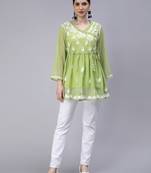 hand embroidered green georgette angarkha with slip