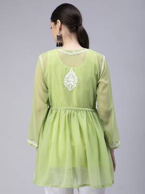 hand embroidered green georgette angarkha with slip 2