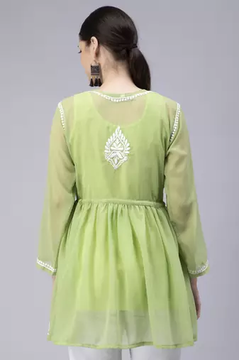 hand embroidered green georgette angarkha with slip