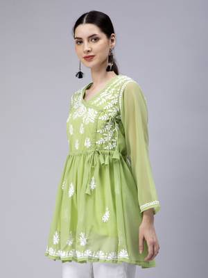 hand embroidered green georgette angarkha with slip 3