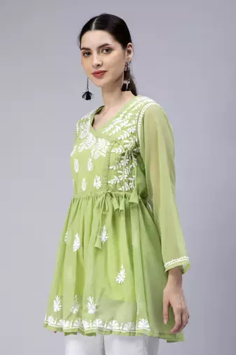 hand embroidered green georgette angarkha with slip