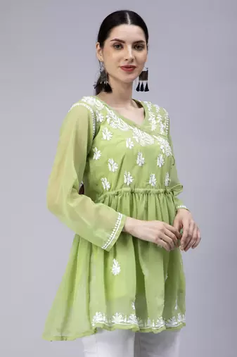 hand embroidered green georgette angarkha with slip