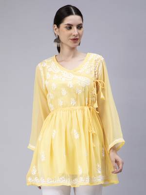 hand embroidered yellow georgette angarkha with slip 1