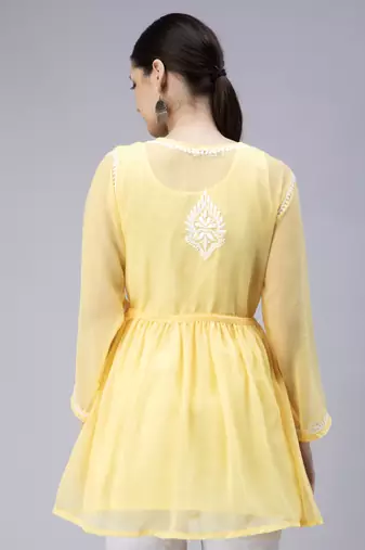 hand embroidered yellow georgette angarkha with slip