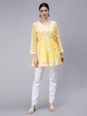 hand embroidered yellow georgette angarkha with slip 5