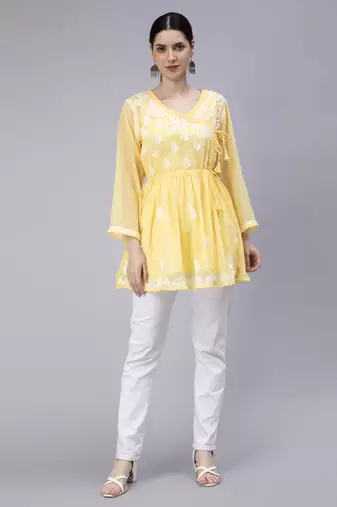 hand embroidered yellow georgette angarkha with slip