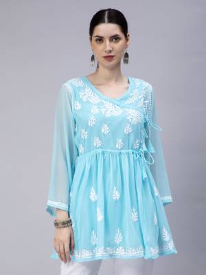 hand embroidered blue georgette angarkha with slip 1