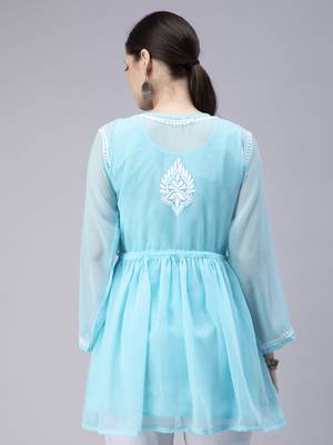 hand embroidered blue georgette angarkha with slip 2