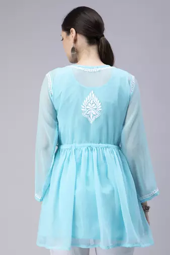 hand embroidered blue georgette angarkha with slip