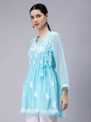 hand embroidered blue georgette angarkha with slip 3