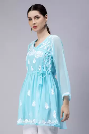hand embroidered blue georgette angarkha with slip