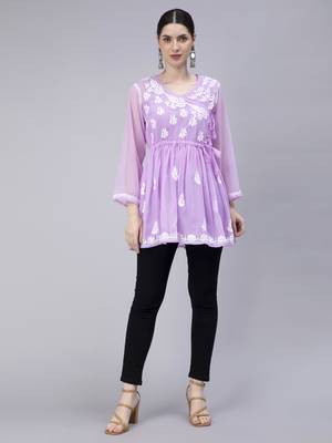 hand embroidered lavender georgette angarkha with slip 1