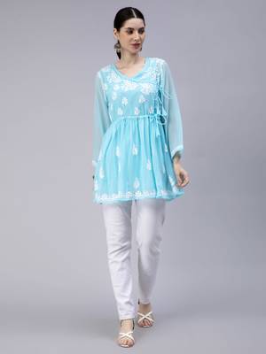 hand embroidered blue georgette angarkha with slip 5