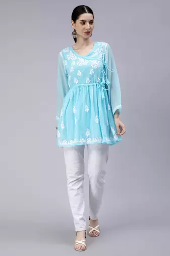 hand embroidered blue georgette angarkha with slip
