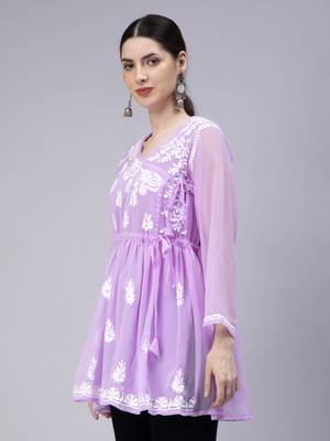 hand embroidered lavender georgette angarkha with slip 3