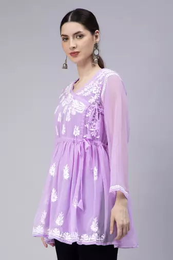 hand embroidered lavender georgette angarkha with slip