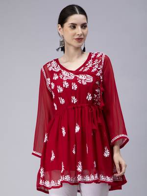 hand embroidered maroon georgette angarkha with slip 1
