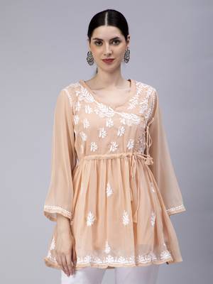 hand embroidered beige georgette angarkha with slip 1