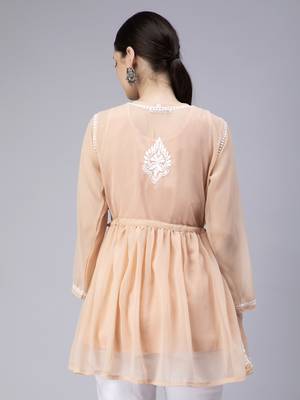 hand embroidered beige georgette angarkha with slip 2
