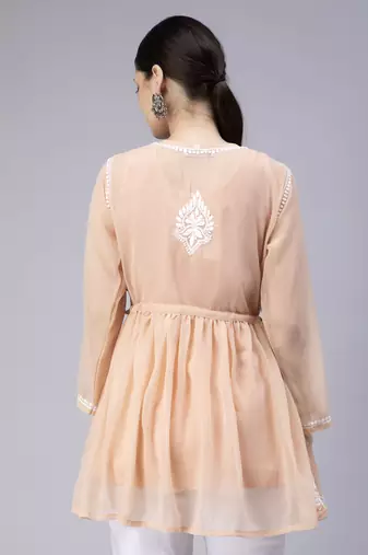 hand embroidered beige georgette angarkha with slip