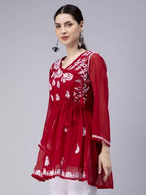 hand embroidered maroon georgette angarkha with slip 3