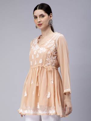 hand embroidered beige georgette angarkha with slip 3