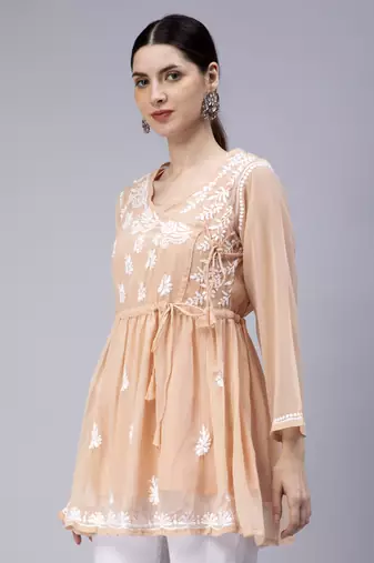 hand embroidered beige georgette angarkha with slip