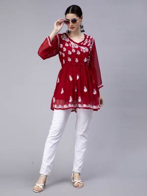 hand embroidered maroon georgette angarkha with slip 4
