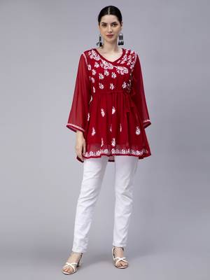 hand embroidered maroon georgette angarkha with slip 5
