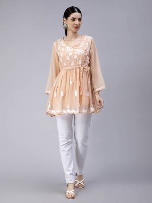 hand embroidered beige georgette angarkha with slip 5