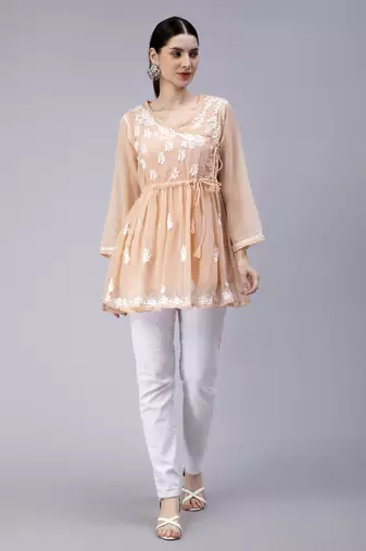 hand embroidered beige georgette angarkha with slip
