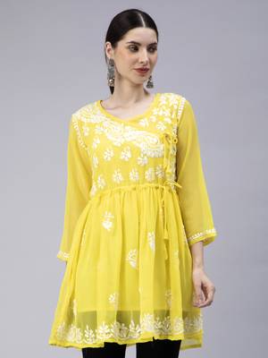 hand embroidered yellow georgette angarkha with slip 1