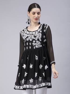 hand embroidered black georgette angarkha with slip 1