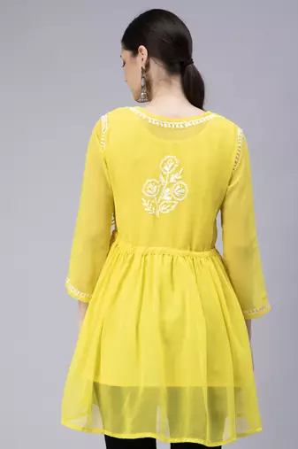 hand embroidered yellow georgette angarkha with slip