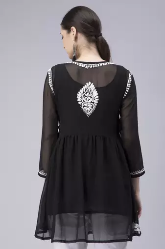 hand embroidered black georgette angarkha with slip