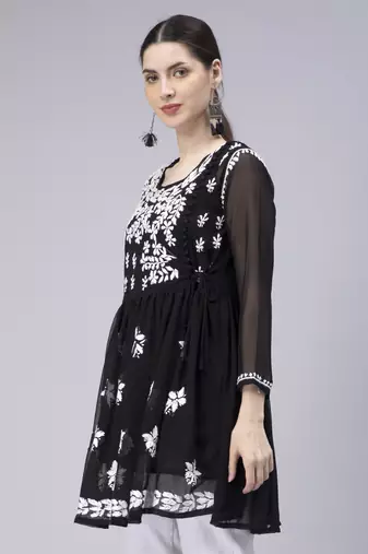 hand embroidered black georgette angarkha with slip