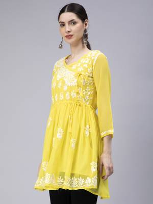 hand embroidered yellow georgette angarkha with slip 3