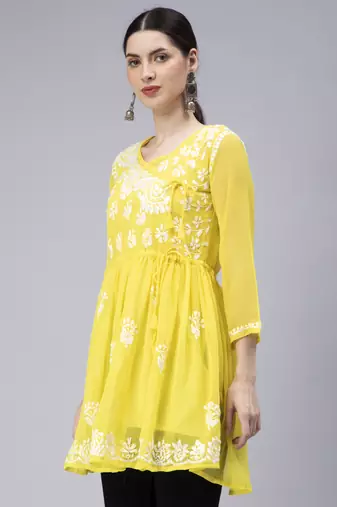 hand embroidered yellow georgette angarkha with slip