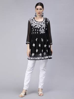hand embroidered black georgette angarkha with slip 4