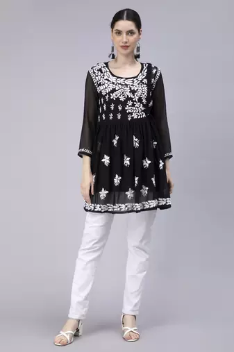 hand embroidered black georgette angarkha with slip