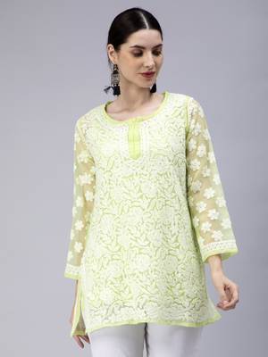 hand embroidered green georgette lucknowi chikan kurti with slip 1