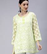 hand embroidered green georgette lucknowi chikan kurti with slip