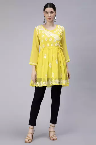 hand embroidered yellow georgette angarkha with slip
