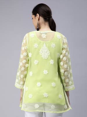 hand embroidered green georgette lucknowi chikan kurti with slip 2