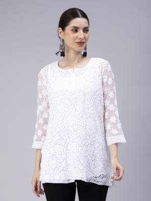 hand embroidered white georgette lucknowi chikan kurti with slip 1